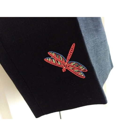 Appleseeds 100% Linen Cropped Pants Black Embroidered Dragonfly Women 6P Novelty - Picture 5 of 16